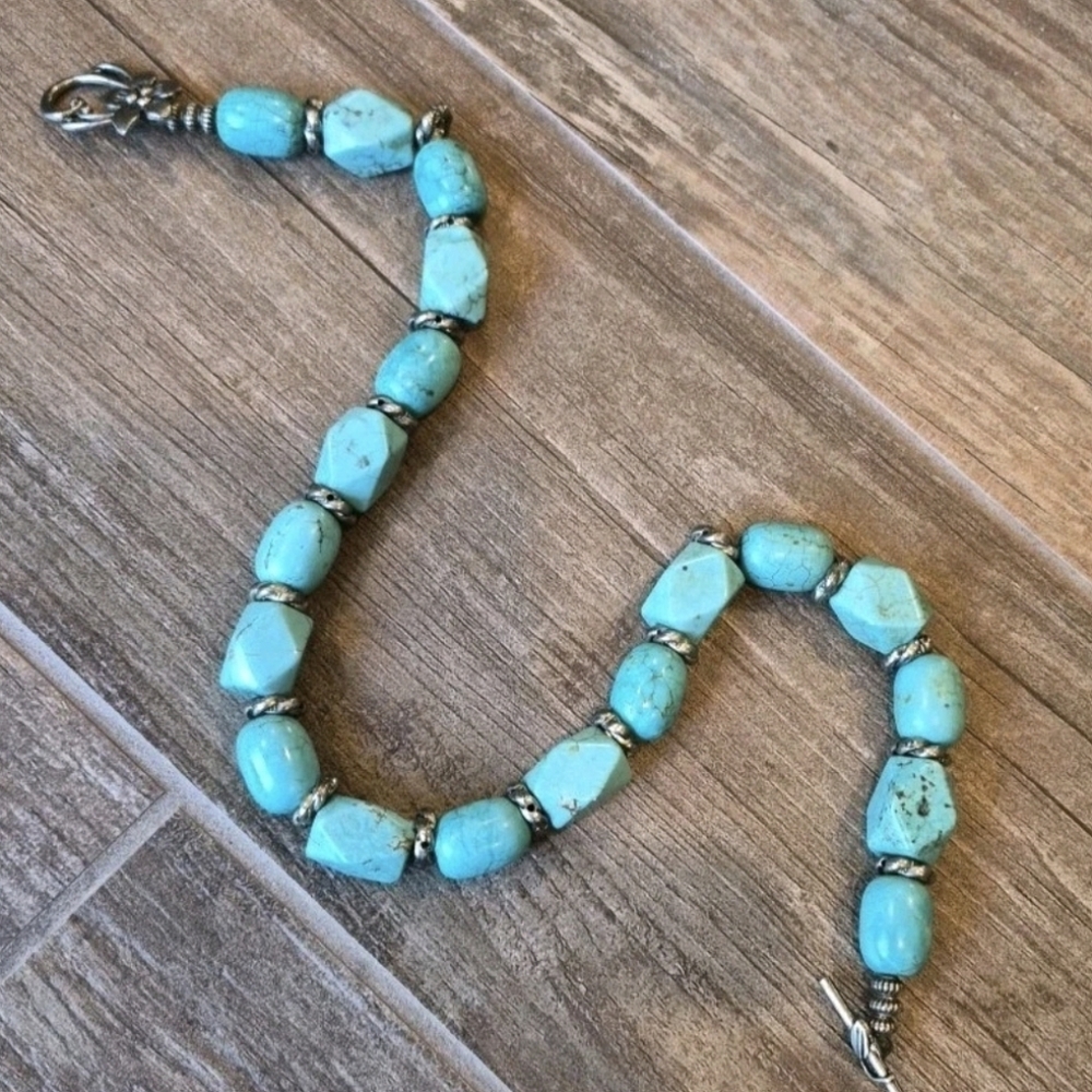 Vtg Chunky Turquoise Nugget Necklace Non-magnetic Silver Tone Spacers - Picture 7 of 10
